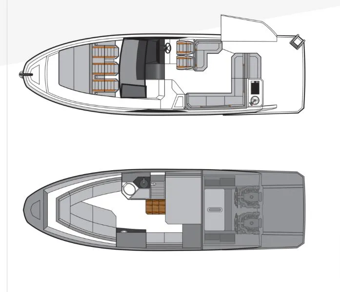 Slide: The Image of Top view layout of 2025 Hanover 387 Outboard boat, showcasing seating and engine placement. - 36