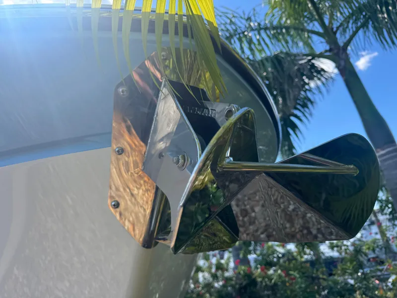 Slide: The Image of Close-up of a 2026 Blackfin 272 DC boat anchor under palm trees. - 3