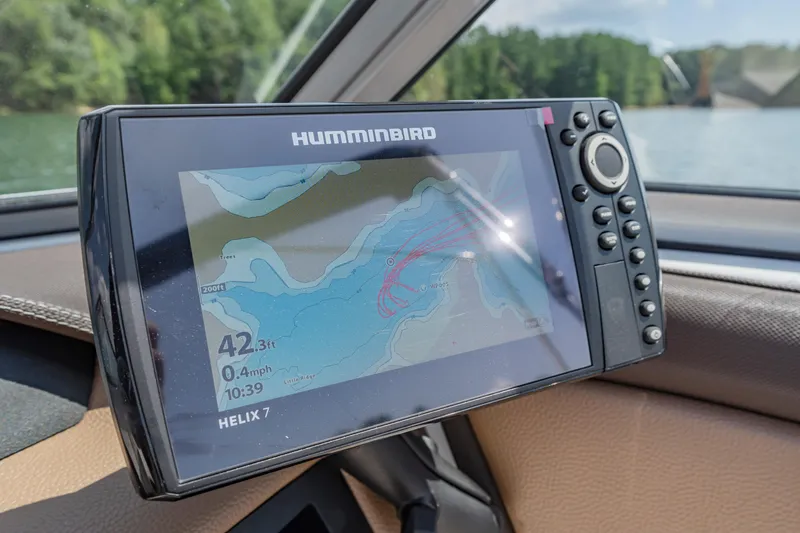 Slide: The Image of Boat dashboard with Humminbird Helix 7 GPS, Cobalt 200, 2016 model, lake view. - 18