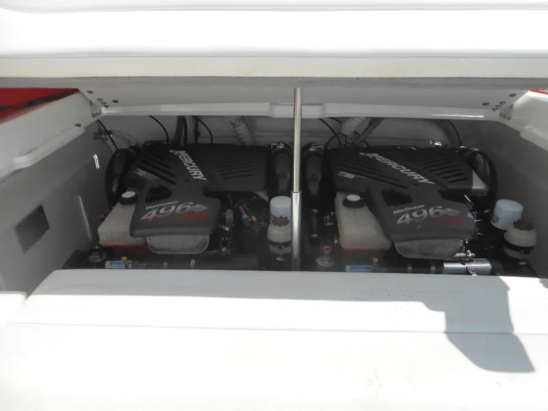 Slide: The Image of 2007 Sunsation 32 SS boat engine compartment with twin MerCruiser 496 engines. - 8