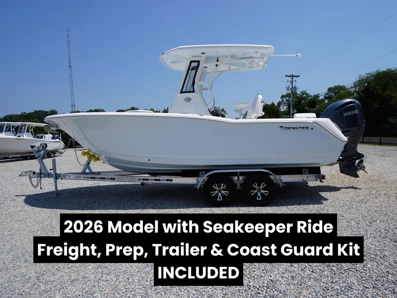 The Image of Tidewater 232 LXF 2026 model with 300 HP Yamaha outboard, displayed at Jim's Marine. - 0