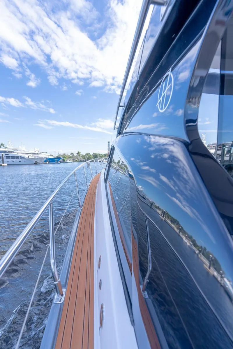 Slide: The Image of Side view of a 2025 Hanover 415 yacht on water under a clear blue sky. - 9