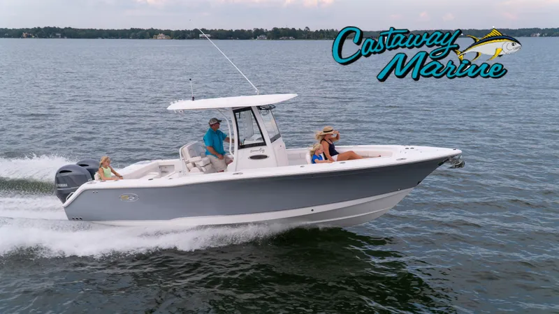 Slide: The Image of 2025 Sea Hunt Gamefish 27 Forward Seating boat cruising on water, Castaway Marine logo. - 34
