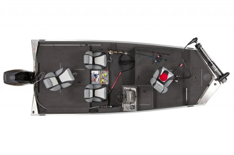 Slide: The Image of Manufacturer Provided Image: 2016 Lowe Stryker 16 fishing boat, top view, equipped with seats, fishing gear, and motor. - 11