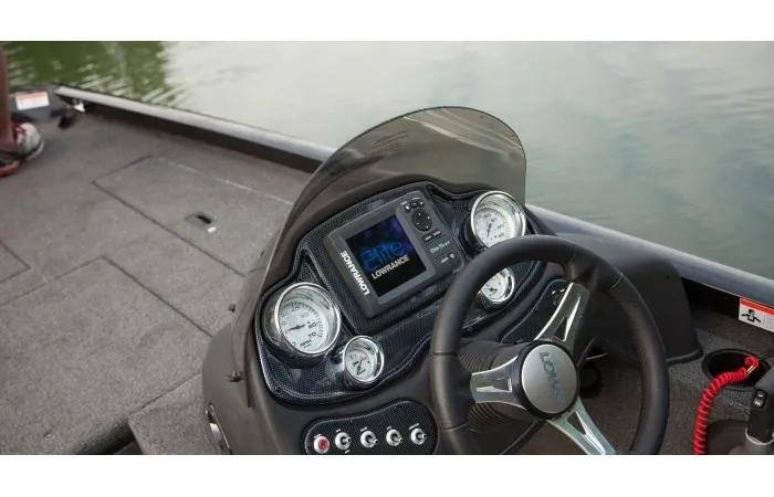 Slide: The Image of Manufacturer Provided Image: 2016 Lowe Stryker 16 boat dashboard with steering wheel and electronic display. - 9