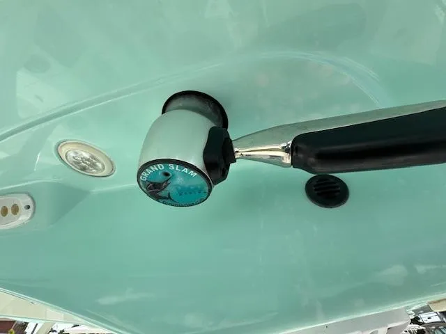Slide: The Image of Close-up of a 2015 Cobia 296 Center Console boat's handle and light. - 19