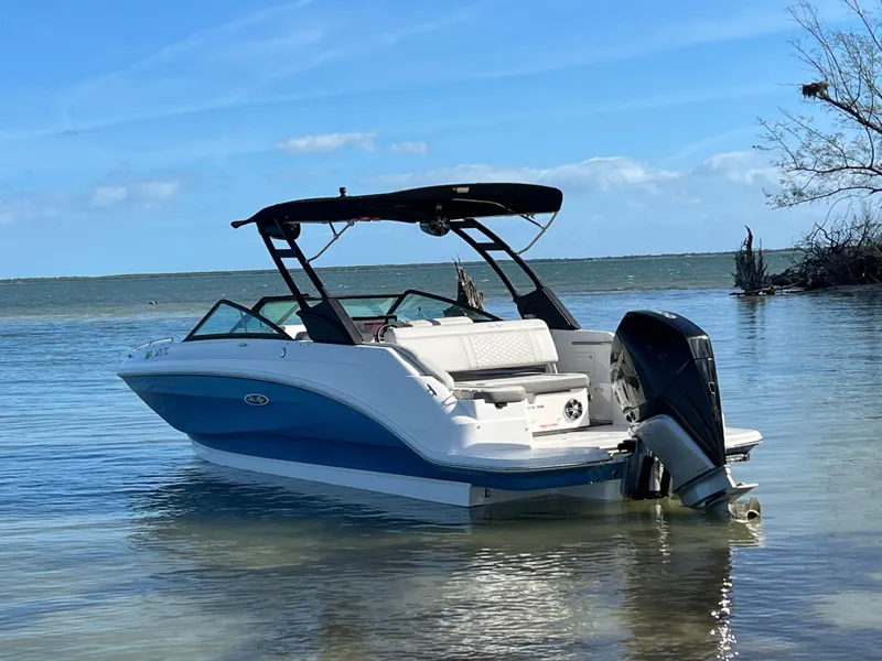 Slide: The Image of 2022 Sea Ray 250 SDX-OB boat in shallow water, clear sky background. - 16