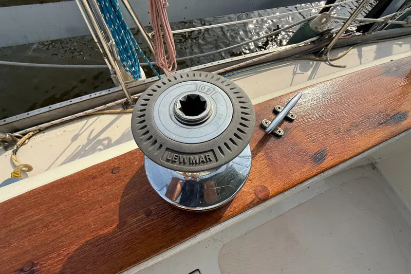 Slide: The Image of Winch on 1979 Gulfstar 43 MK II sailboat deck, featuring Lewmar branding. - 19