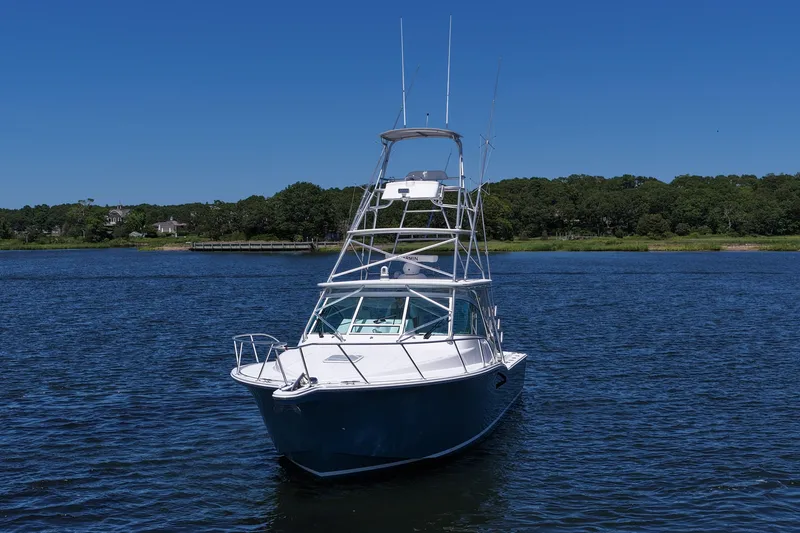 Slide: The Image of 2018 Albemarle 36 Express boat on calm water with clear blue sky. - 2