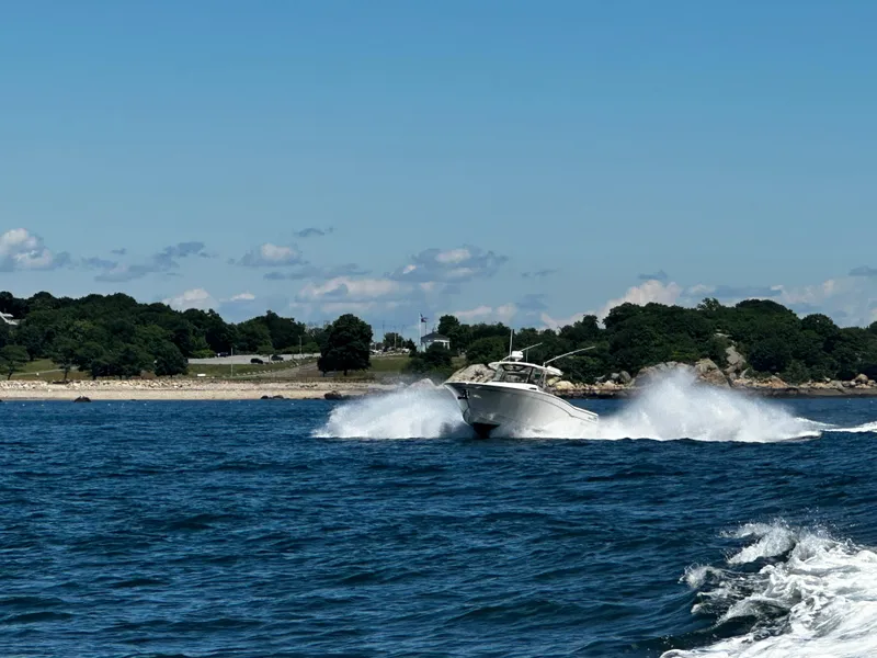 Slide: The Image of 2017 Grady-White Canyon 376 speeding on blue ocean near lush coastline. - 14