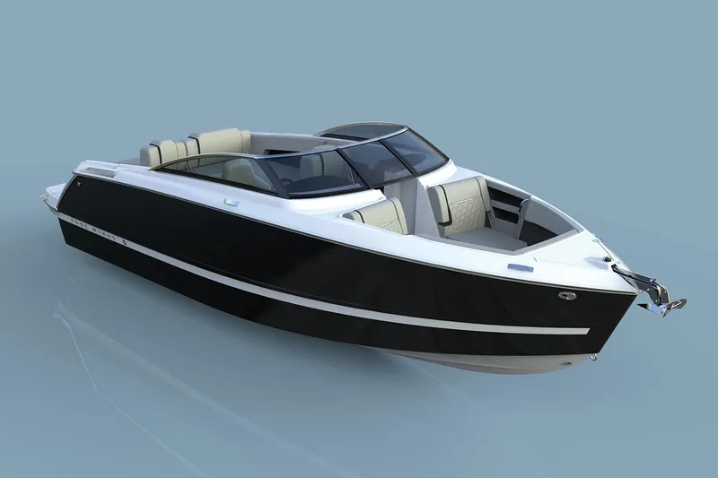 Slide: The Image of Manufacturer Provided Image: 2025 Four Winns H6 OB boat, sleek black design, luxurious seating, modern style. - 28