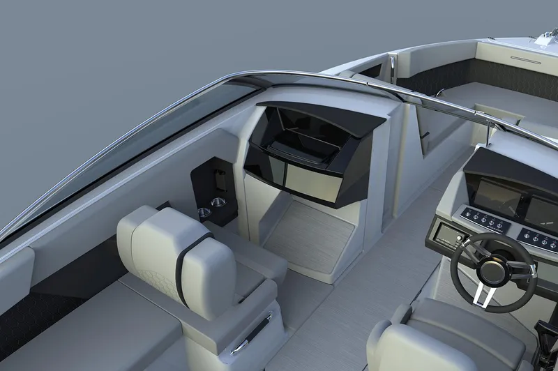 Slide: The Image of Manufacturer Provided Image: 2025 Four Winns H6 OB boat interior with modern dashboard and seating. - 31