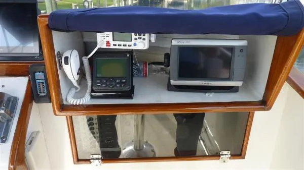 Slide: The Image of 1987 Duffy Flybridge Cruiser dashboard with navigation and communication equipment. - 15