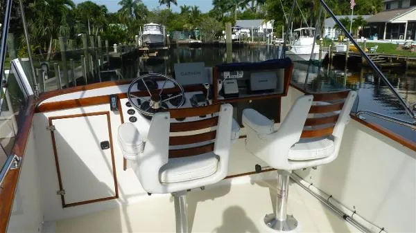 Slide: The Image of 1987 Duffy Flybridge Cruiser helm with dual seats, steering wheel, and navigation equipment. - 16