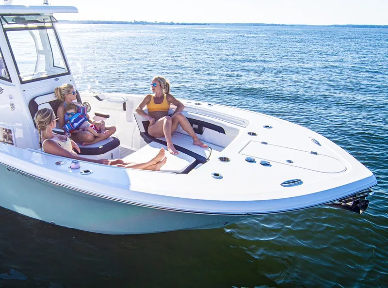 Slide: The Image of 2026 Tidewater 272 LXF boat with people relaxing on deck in sunny waters. - 6
