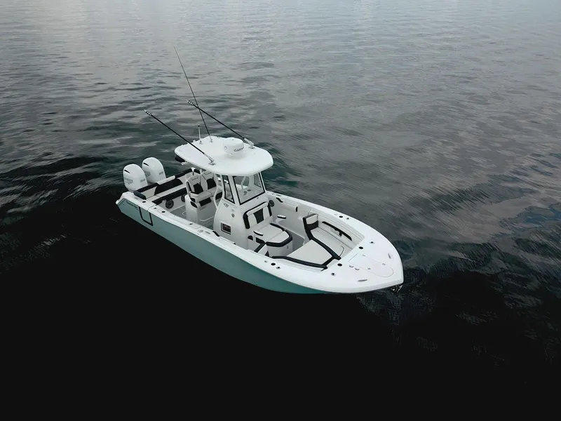Slide: The Image of 2026 Tidewater 272 LXF boat on calm water, featuring dual engines and sleek design. - 7