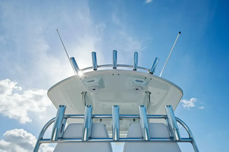 Slide: The Image of 2012 Regulator 32 FS boat top view against blue sky. - 12