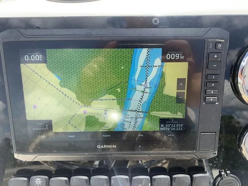 Slide: The Image of Garmin GPS display on 2025 Bulls Bay 2200 boat, showing navigation map. - 16
