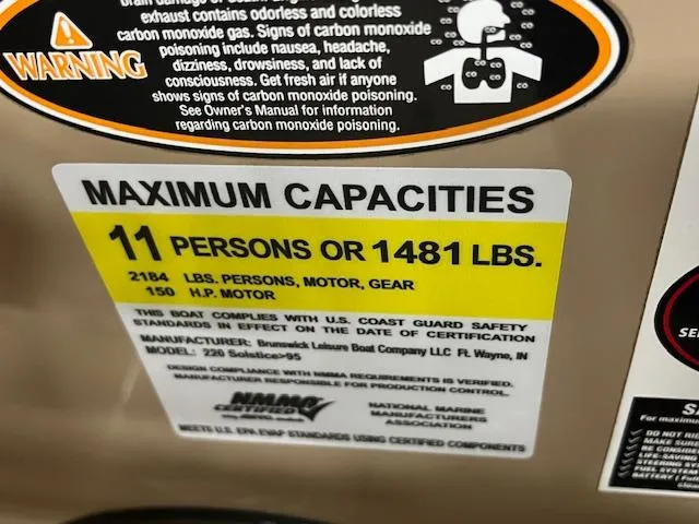 Slide: The Image of Maximum capacity label on 2016 Harris Solstice 220 SL: 11 persons or 1481 lbs. - 4