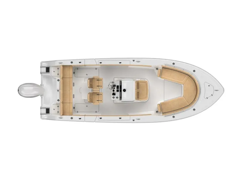Slide: The Image of Top view of 2026 Sportsman Heritage 261 boat with beige seating and center console. - 3