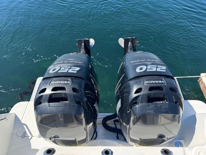 Slide: The Image of Twin 250 horsepower outboard engines on a 2018 Boston Whaler 285 Conquest boat. - 6