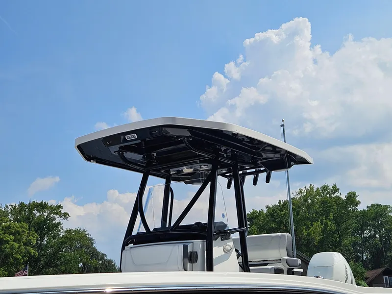 Slide: The Image of 2021 Blackfin 252 CC boat with T-top against a cloudy sky background. - 31