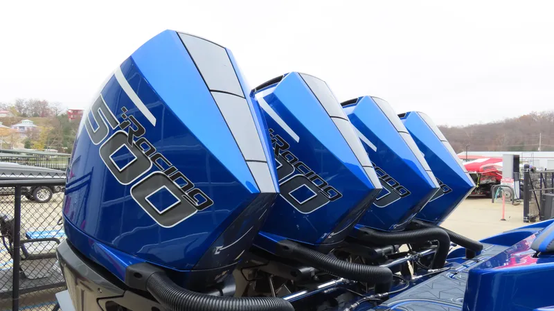 Slide: The Image of Four blue Mercury Racing 500 outboard engines on MTI 42V, 2025 model. - 6