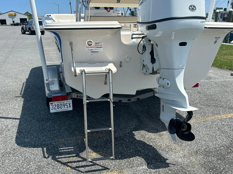 Slide: The Image of 2022 Carolina Skiff 19 LS boat with outboard motor and ladder on trailer. - 10