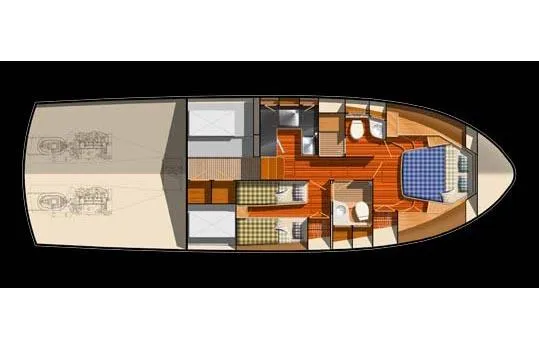 Slide: The Image of Luxurious cabin interior of 2011 Grand Banks 46 Eastbay SX yacht with wood paneling and cozy bedding. - 50