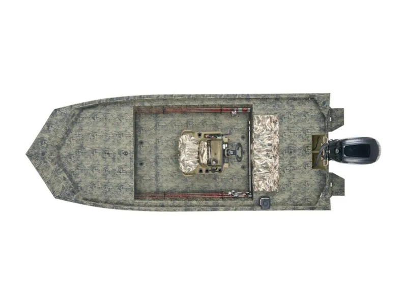 Slide: The Image of 2025 Tracker GRIZZLY® 1860 CC boat, top view, camo design, outboard motor. - 20