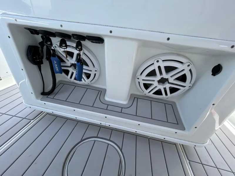 Slide: The Image of 2019 Yellowfin 36 Offshore boat speakers and deck detail. - 27