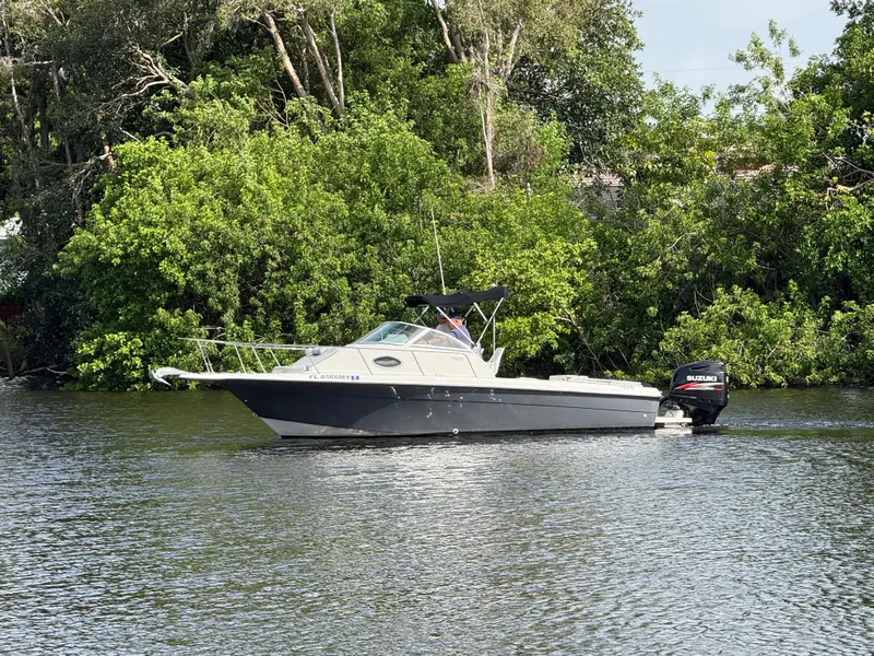 Slide: The Image of 2005 Hydra-Sports Lightning 230 WA boat cruising on a calm river with lush greenery. - 1