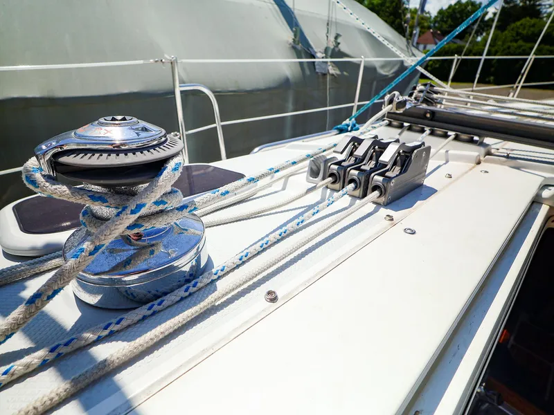 Slide: The Image of Close-up of Catalina 36 MkII sailboat deck winch and ropes, 2001 model. - 9