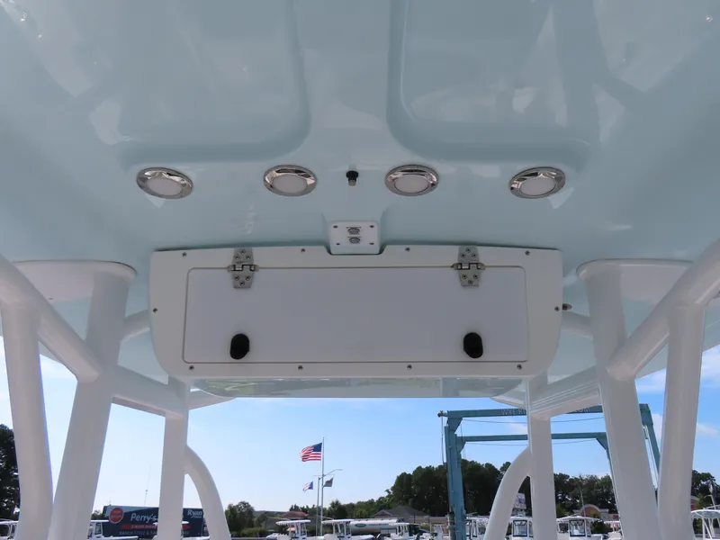 Slide: The Image of 2021 Sea Hunt Ultra 219 boat interior ceiling with lights and storage compartment. - 27