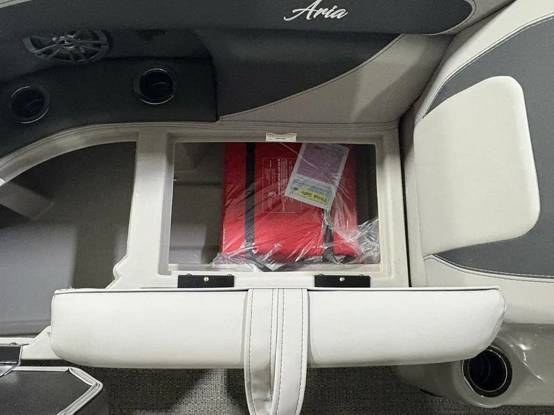 Slide: The Image of Interior of 2025 Barletta A20QC boat with storage compartment and life jacket. - 9