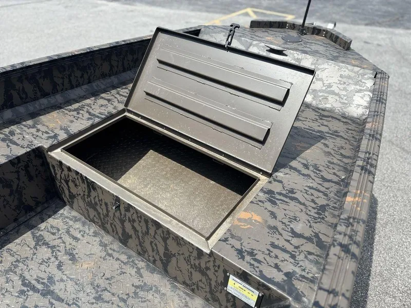 Slide: The Image of 2024 Edge Duck Boats 1756 DIAMONDBACK with open storage compartment, camo design. - 18