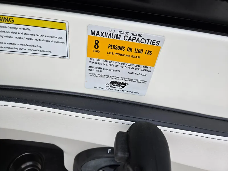 Slide: The Image of 2012 Sea Ray 190 Sport capacity label, maximum 8 persons or 1100 lbs. - 14