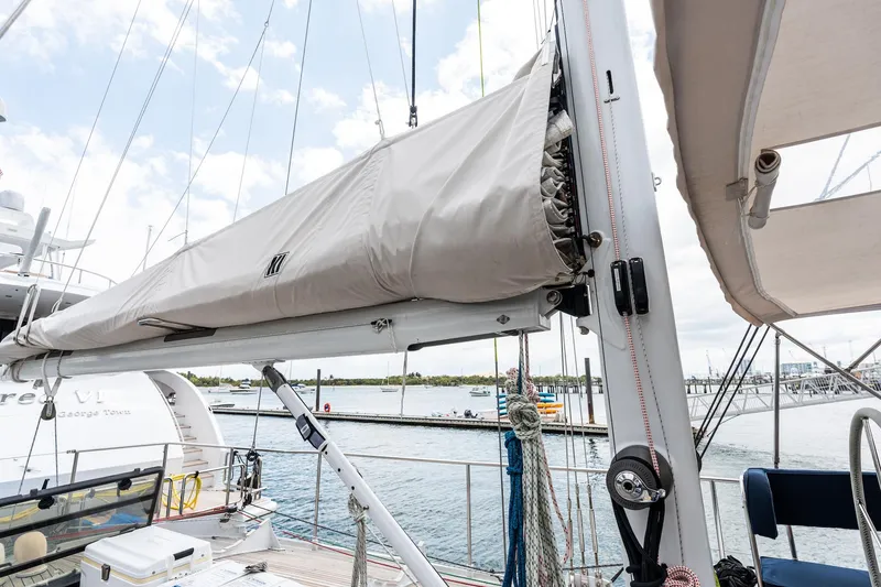 Slide: The Image of Sailboat deck view with mast and sail, Custom Kelly Archer 1998 model. - 2