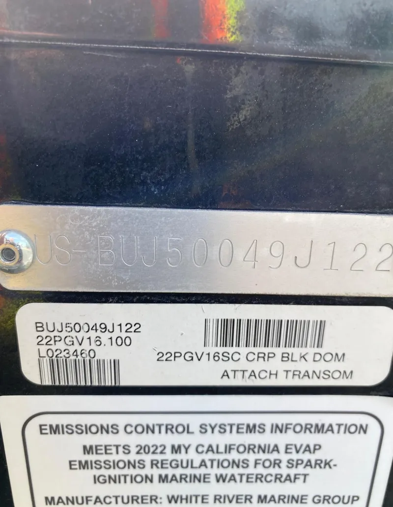 Slide: The Image of 2022 Tracker Pro Guide V-16 SC boat identification and emissions control labels. - 14