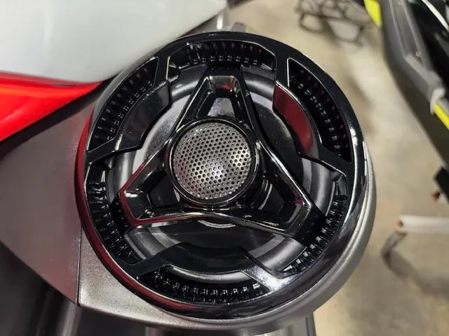 Slide: The Image of Close-up of a 2023 Sea-Doo GTI SE speaker grille with a sleek, modern design. - 12