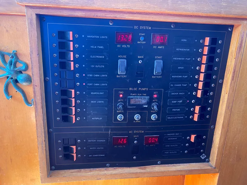 Slide: The Image of Electrical control panel on a 1986 Transpacific Marine Eagle boat, featuring various switches and meters. - 22