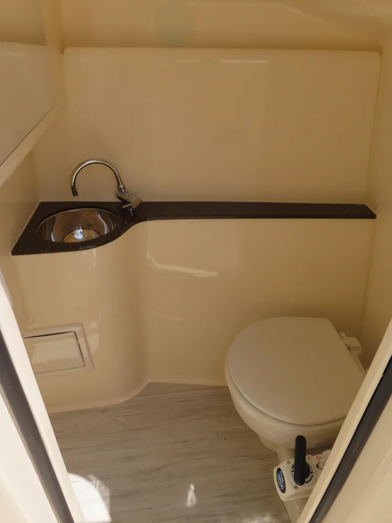 Slide: The Image of 2022 Scout 255 Dorado boat interior with compact bathroom, featuring a sink and toilet. - 25