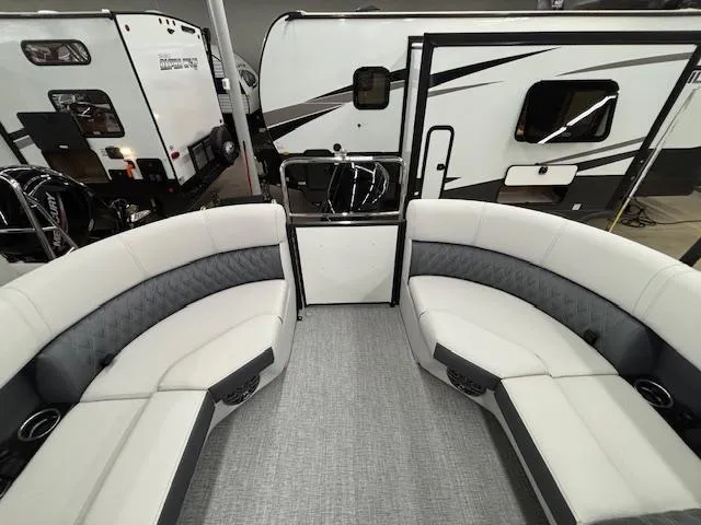 Slide: The Image of Interior of 2025 Harris Sunliner 230 pontoon boat with luxurious seating. - 20