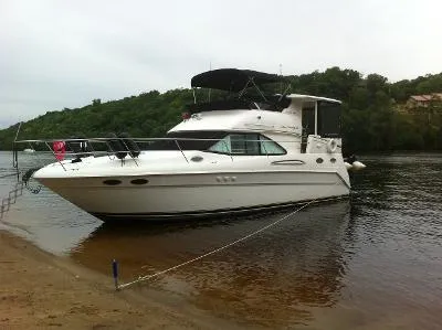 The Image of 1997 Sea Ray 370 Aft Cabin yacht anchored by a riverbank. - 0