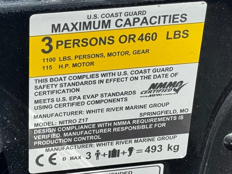 Slide: The Image of 2024 Tracker Z17 capacity label: 3 persons, 460 lbs, 115 HP motor, USCG compliant. - 20