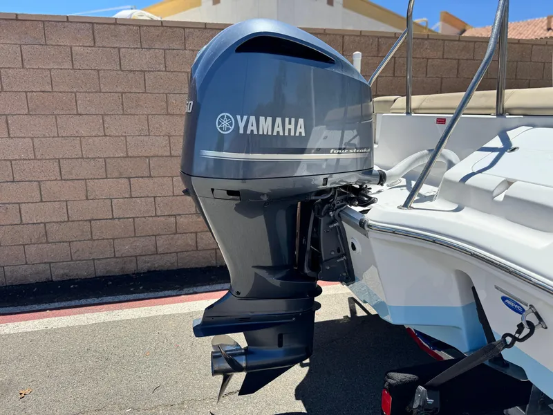 Slide: The Image of 2022 Tidewater 232 CC boat with Yamaha outboard motor, parked near a brick wall. - 6