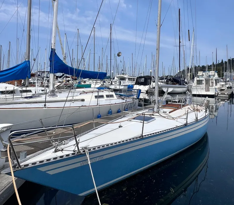 The Image of Aphrodite 101 sailboat from 1978 docked in a marina with other boats. - 0