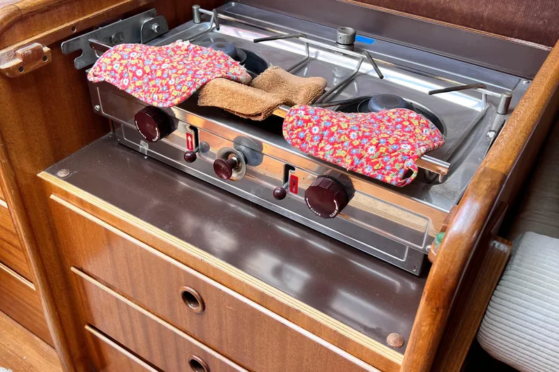 Slide: The Image of Vintage Aphrodite 101 stove with floral oven mitts, 1978 model. - 11
