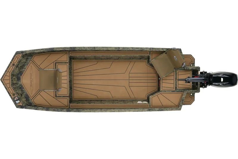 Slide: The Image of 2026 Tracker Grizzly 1650 T Prairie Wings Edition boat, top view, camo design, spacious interior. - 11