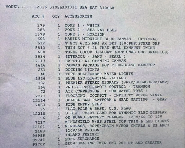 Slide: The Image of 2016 Sea Ray 310 SLX accessories list with various features and upgrades. - 11